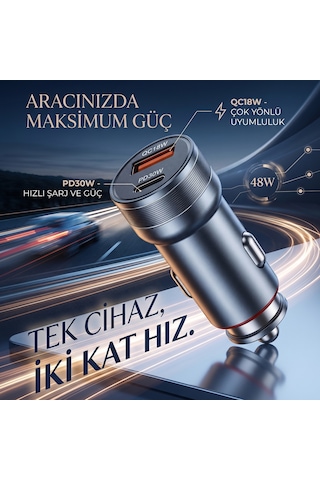 48w Hızlı Araç Şarj Cihazı - Çift Port Pd 30w Ve Qc 18w Usb Araç Şarjı -