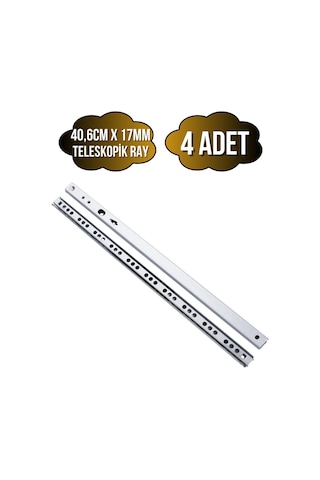 Teleskobik 17mm Çekmece Rayı Gömme Bilyeli İnce Ray 17mm 40,6cm 4 Takım Krom Çok Renkli