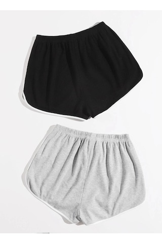 Siyah-gri 2'li Yırtmaçlı Şeritli Bermuda Penye Şort - Penye Kordonlu Siyah-gri