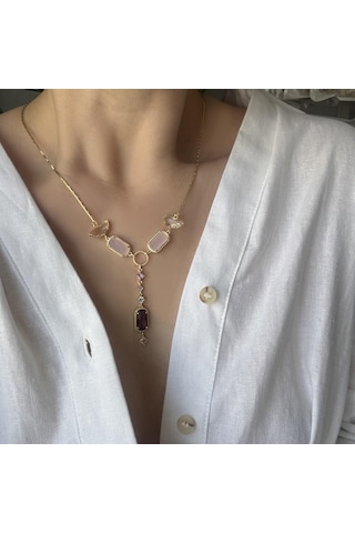 Çelik Pembe Taşlı Y Kolye Gold
