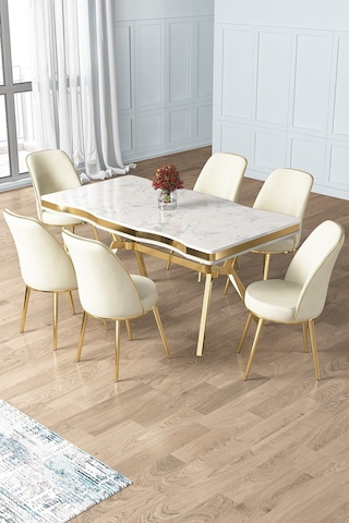 Canisa Concept Prah Serisi 90x160 Lak Panel Beyaz Mermer Desen Gold Ayak Masa Takımı 6 Krem Sandalye Beyaz Mermer Desen Masa Sandalyeler Krem