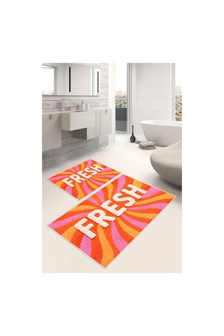 Fresh Yazılı Dijital Baskılı Yıkanabilir 2li Banyo Paspası 50x60-60x100 Turuncu