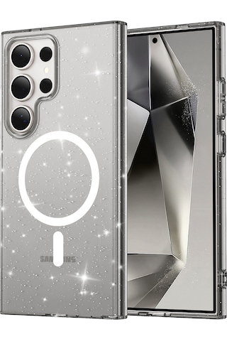 Samsung Galaxy S23 Ultra Uyumlu Renkli Magneticsafe Parlayan Simli A+ Kalite Silikon Kapak - Siyah