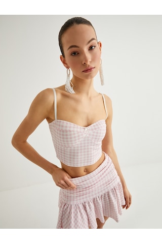 Koton İnce Askılı Crop Büstiyer Kalp Yaka Pembe Ekose 4sak10640ek Pembe