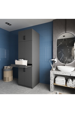 Piramit Çamaşır Ve Kurutma Makinesi Dolabı Banyo Dolabı Füme Antrasit - Füme