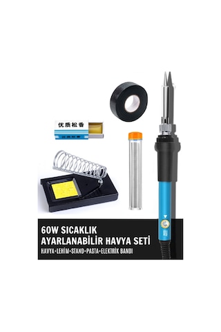 ST-60 Model Profesyonel 60W Isı Ayarlı Havya + Lehim + Bant + Lehim Pastası + Stand