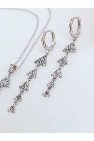 Işıltılı Baget Modern Tasarım Uzun Kolye Küpe Gümüş Gelin Seti