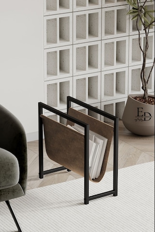 Coral Koltuk Yanı Dergilik , Gazetelik , Kitaplık, Siyah Metal - Kahverengi Deri