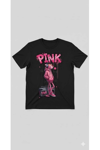 Pembe Panter Baskılı Oversize Erkek Pamuklu T-shirt Siyah