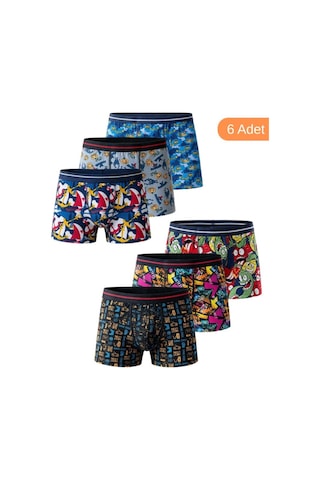 Trendybee Erkek Çocuk Eğlenceli Desenli Esnek Penye Pamuklu Boxer 6'lı Set Desenli Desenli