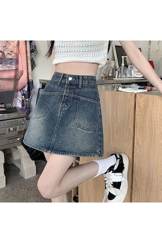 Spice Girls A-kesim Denim Etek Kadın Yaz Yırtmaçlı Cepli Yüksek Bel Kalça Saran Yarım Boy Vintage Etek Mavi