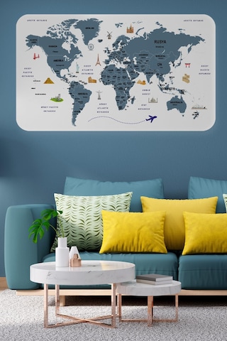 Türkçe Eğitici Ülke Ve Başkent Detaylı Atlası Dünya Haritası Duvar Sticker -60x105-3832 - Renkli Çok Renkli