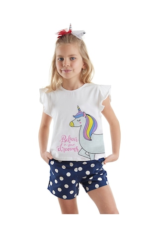 Denokids Sim Unicorn Kız Çocuk T-shirt Poplin Şort Takım Çok Renkli