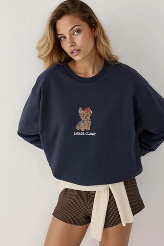 Hiccup İşlemeli Yuvarlak Yaka Sweatshirt Lacivert