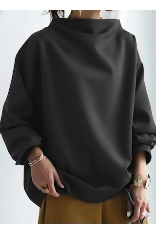 Tua Moda Kadın Uzun Kollu Geniş Balıkçı Yaka Modal Bluz Siyah