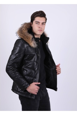 New Zaya Leather Erkek Şişme Deri Ceket Siyah