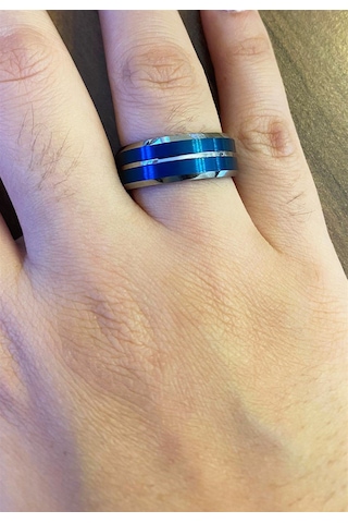 Erkek Mavi Renk Gümüş Detay Tungsten Yüzük Mavi