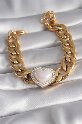 316l Çelik Gold Renk Pembe 3d Kalp Model Zirkon Taşlı Kadın Bileklik