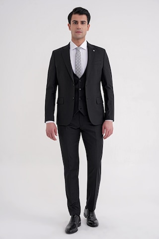 Efor Slim Fit Çift Yırtmaç Çizgili Esnek Yünlü Siyah Yelekli Klasik Takım Elbise Tk 935 Siyah