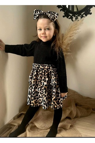 Kız Çocuk Desenli Triko Bandana 3lü Doğum Günü Günlük Hediye Elbise Takım Çok Renkli