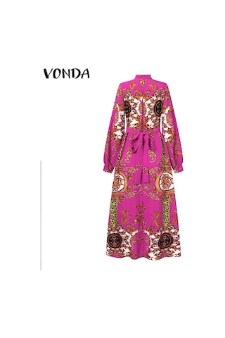 Gül Vonda Kadın Balıkçı Yaka Uzun Puf Kol Günlük Gevşek Uzun Elbise L Gül