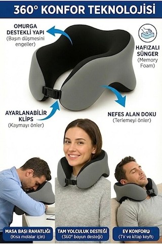 Vıscora Space Memory Foam Ortopedik Boyun Yastığı Seyahat Ve Ofis Kullanımı Gri - Siyah