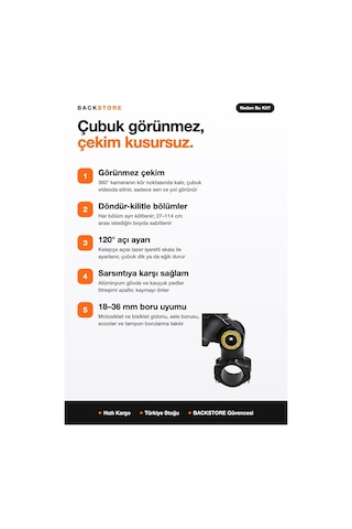 Insta360 X5 X4 X3 Uyumlu Görünmez Selfie Çubuğu Gidon Montaj Kiti 114 Cm Motosiklet Bisiklet Siyah
