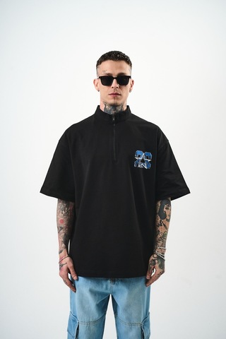 Respire Erkek 22 Baskılı Yarım Fermuarlı Oversize T-shirt Siyah