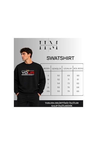 Herkesemoda Work Harder Baskı Detaylı Bisiklet Yaka Şardonlu 2 İplik Sweatshirt Yeşil