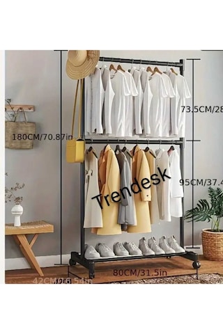 Metal Siyah Çift Askılı Elbise Askılığı Konfeksiyon Askılık Tekerlekli 6008 Siyah