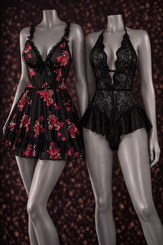 Albonishop Romantik Koleksiyon Siyah Dantel Fantazi Gecelik Ve Çiçek Baskılı Tül Babydoll Kombin Set Çok Renkli