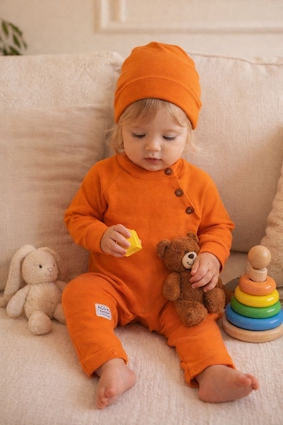 Babyhola Kız Erkek Bebek Tulum Bere Takım Pamuk Yaka Düğmeli İnterlok Reglan Kol 583 Hardal