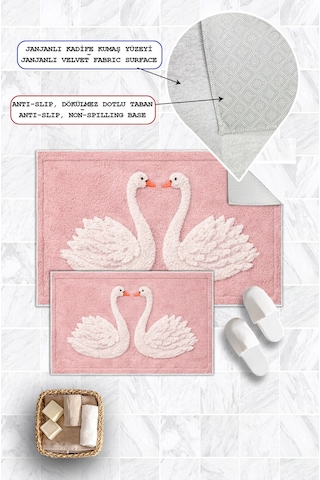 Kuğu Desenli Dijital Baskılı Yıkanabilir 2li Banyo Paspası 50x60-60x100 Pembe