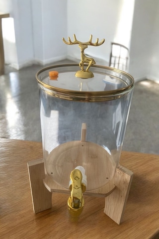 Qerhome Geyik Detaylı Bambu Standlı Şeffaf Cam Musluklu Şerbet- Meyve Suyu Içecek- Su Sebili 3,5 Lt