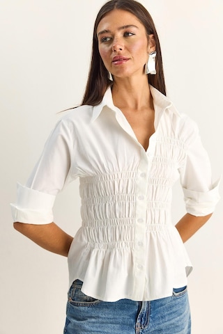 Shade Kadın Asimetrik Büzgü Detaylı Lastikli Bel Formlu Düğmeli Poplin Gömlek 0998 60286161 - Beyaz