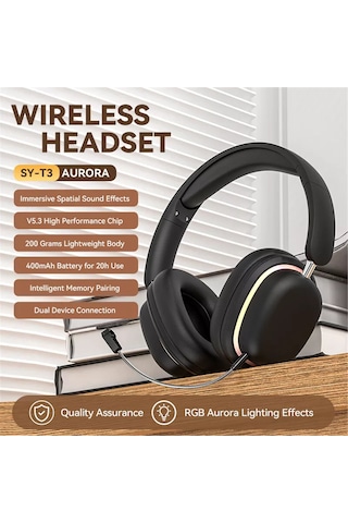 Folinda Sy-t3 Kulaküstü Bluetooth Kulaklık: Rgb Işıklı, Gürültü Engelleme, Kablosuz/kablolu Çift Mod, Uzun Pil Ömrü, Katlanabilir - Siyah