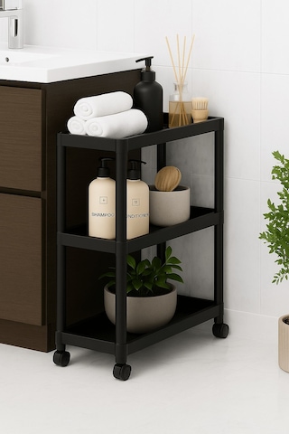 Sas Haus Flex Elite Pro 3 Katlı Mat Siyah Tekerlekli Çok Amaçlı Raf Ünitesi Banyo, Mutfak & Organizer - S-81.1 Siyah