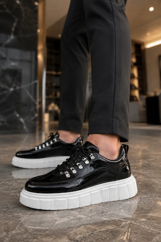 Mevese Duolc Bağcıklı Rugan Erkek Günlük Rahat Taban Sneaker Ayakkabı - Siyah Beyaz Siyah Beyaz Rugan