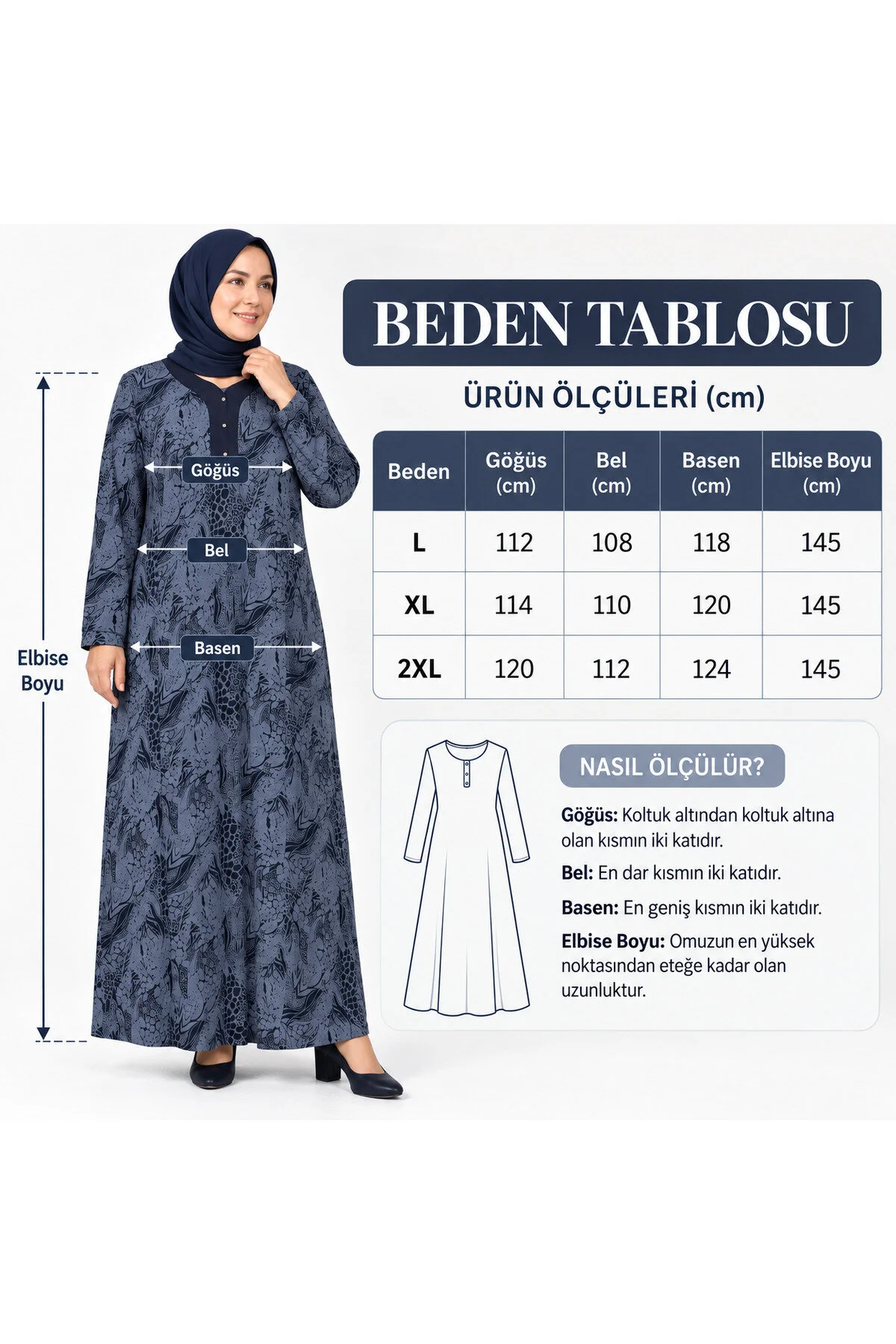 Neco Giyim Kadın Büyük Beden Uzun Kol Desenli Tesettür Elbise Çiçek Desenli Günlük Elbise Lacivert