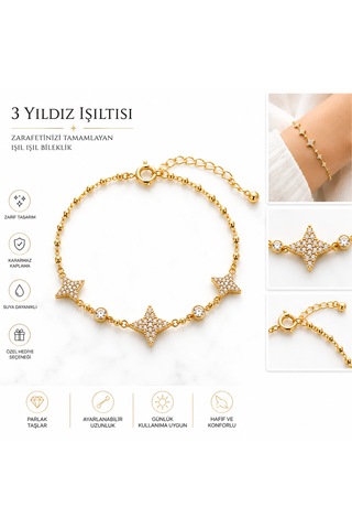 Zirkon Taşlı Yıldız Figürlü Gold Kadın Bileklik Altın