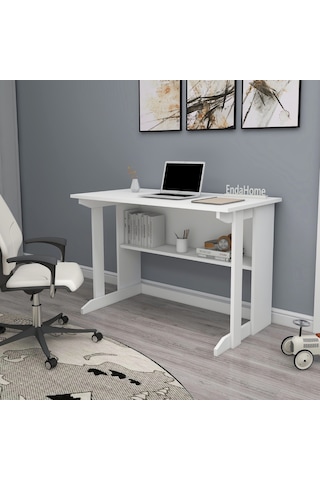 Pillar Raflı Çalışma Masası Kitaplıklı Beyaz Çalışma Masası Mat Beyaz