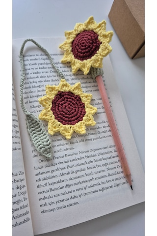 Ay Çiçeği Set Amigurumi Kitap Ayracı Ve Kalem Süsü Hediyelik Ürün Kalem Başlığı