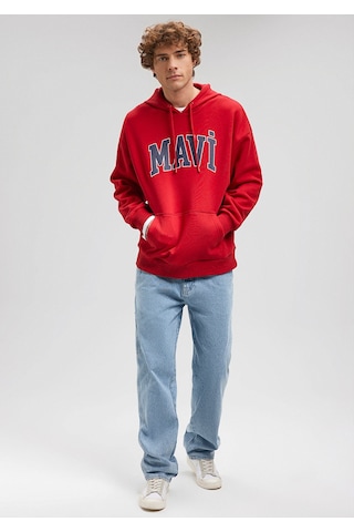 Erkek Mavi Logo Baskılı Kapüşonlu Sweatshirt-kırmızı Kırmızı