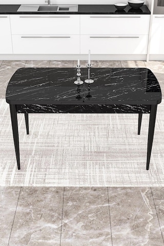 Canisa Concept Kor Serisi 70x114 MDF Açılabilir Mutfak Masası Takımı Siyah Mermer Desen Masa 6 Hardal Sandalye Masa Siyah Mermer Desen Sandalyeler Hardal