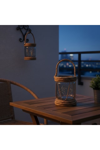 Dyris Rustik Halatlı Cam Fener 20x10 Cm Pilli Peri Ledli Askılı Balkon & Bahçe Lambası