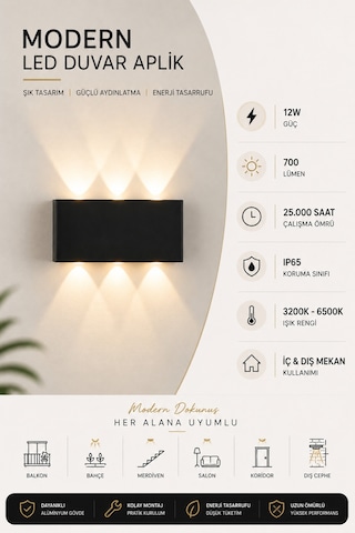 Gün Işığı Led Aplik Kare Aydınlatma Çift Taraflı Led Dekoratif Duvar Aplik Siyah