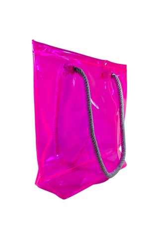 Rm Promosyon Taban Körüklü Şeffaf Plaj Çantası - Beyaz Halat Askılı Havuz Ve Deniz Çantası Neon Pembe Neon Pembe