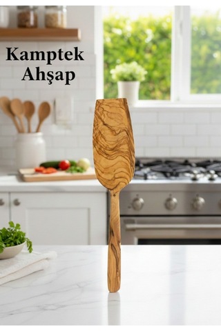 Kamptek Ahşap Doğal Zeytin Ağacından Büyük Geniş Spatula 31 Cm Bordo