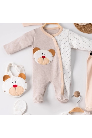3 Ay Ayıcık Nakışlı Tulumlu Erkek Bebek 5'li Set Kahverengi Kahverengi