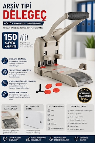 Büyük Delgeç 1 Adet Temat 2160n Arşiv Tipi Büyük Delegeç Kağıt 150 Sayfa Kapasiteli 2 Pin 10 Disk Güçlü Yapı